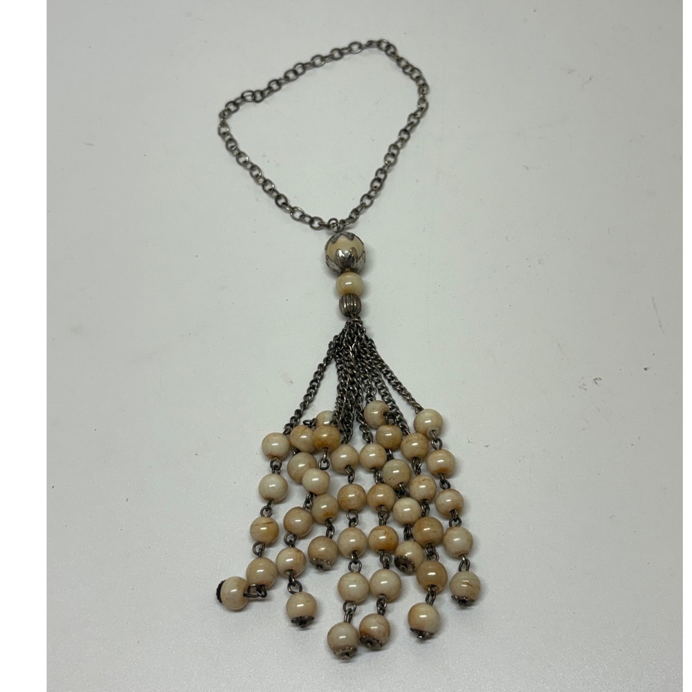 Vintage Style Cream Faux Stone Tassel Silver Tone Waterfall Fringe